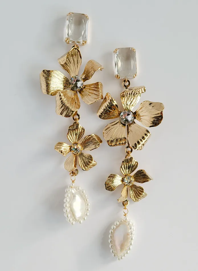 Gilded magnolia crystals and pearl earrings Style 2535 twigs honey Earrings