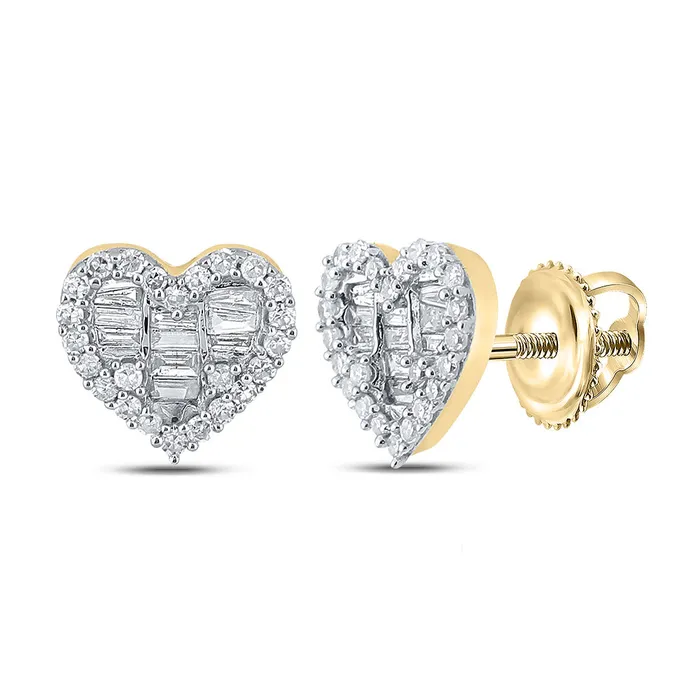 GND Earrings GND 10kt Yellow Gold Womens Baguette Diamond Heart Earrings 38 Cttw GND Earrings GND 10kt Yellow Gold Womens Baguette Diamond Heart Earrings 38 Cttw