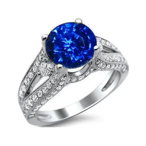 Rings 3 Ct Round Ceylon Sapphire And Natural Earth Mined Diamond Ring Solid White Gold 14K GB