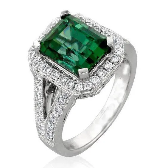 Rings GB White Gold 14K 9 Ct Green Tourmaline And Natural Earth Mined Diamonds Ring New Rings GB White Gold 14K 9 Ct Green Tourmaline And Natural Earth Mined Diamonds Ring New