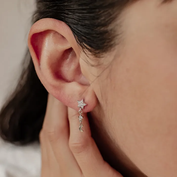 Star and Moon Drop Stud Earrings Sterling Silver Hey Happiness Earrings Star and Moon Drop Stud Earrings Sterling Silver Hey Happiness Earrings