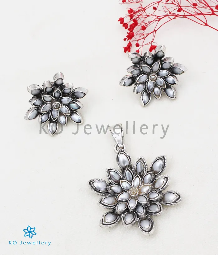 The Padma Silver Lotus Pendant PearlOxidised Silversmith Necklaces
