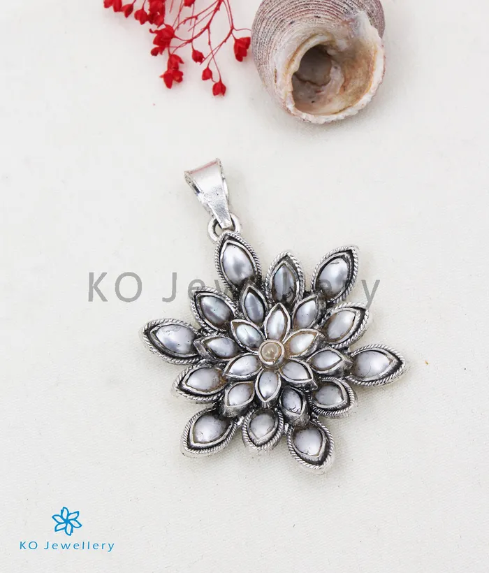 The Padma Silver Lotus Pendant PearlOxidised Silversmith Necklaces