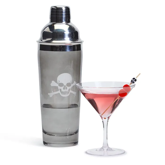 Twos Company Twos Company Skull Bones Smoke Glass Cocktail Shaker with 20 Skull Picks Rings Twos Company Twos Company Skull Bones Smoke Glass Cocktail Shaker with 20 Skull Picks Rings