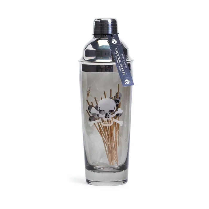 Twos Company Twos Company Skull Bones Smoke Glass Cocktail Shaker with 20 Skull Picks Rings Twos Company Twos Company Skull Bones Smoke Glass Cocktail Shaker with 20 Skull Picks Rings