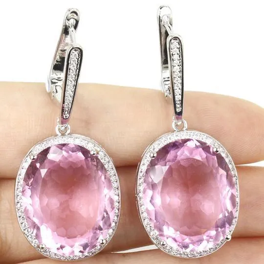 White Gold 14K 4528 Ct Pink Kunzite With Natural Earth Mined Diamonds Dangle Earrings GB Earrings White Gold 14K 4528 Ct Pink Kunzite With Natural Earth Mined Diamonds Dangle Earrings GB Earrings